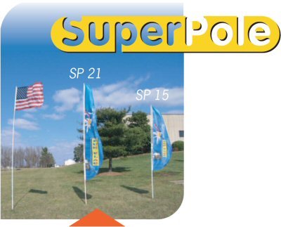 3 fiberglass flagpoles (SuperPoles) at different heights with varying flags